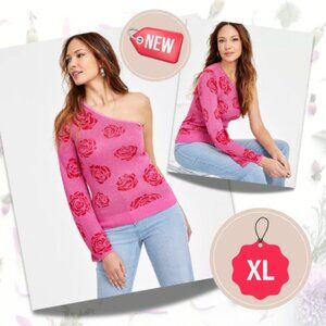 Women's One-Shoulder Pink Floral Rose Knit Sweater Top NEW NWT Size XL
